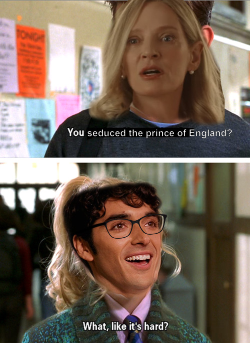 An image from the film Legally Blonde in which Warner asks Ellle if shes made it into harvard. Elle responds "What, like it's hard?". Imposed over Warner's face is Ellen Claremont (Uma Thurman) with the question "You seduced the prince of england?". Imposed over Elle's face is Alex Claremont-Diaz (Taylor Zakhar Perez) with the original caption, "What, like its hard?"