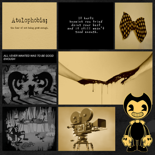 Bendy (Bendy and the Ink Machine) moodboard in black and sepia with feelings of not being good enoug