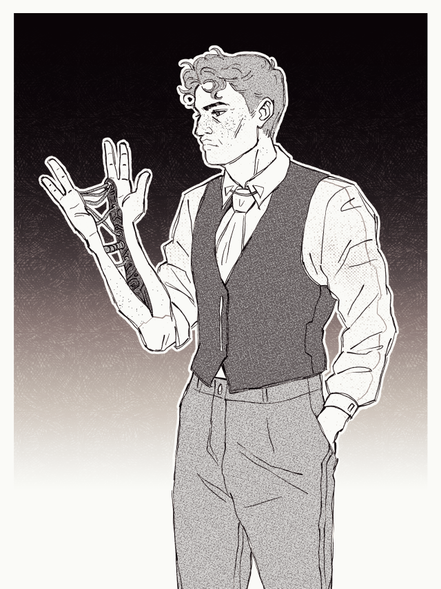 A sepia drawing of Daneel Olivaw from the thighs up. He's a white man with freckles and short, curly hair, dressed in dark pants and a white shirt with a tie and dark waistcoat. He's standing casually, expression neutral, with one hand in his pocket. His other hand is help up, and is unfolding in half along a seam that runs from between his middle and ring finger to his elbow, revealing electronics underneath, cables running between the two separating halves of his forearm.