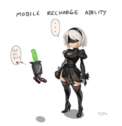 requiemdusk:  2B learns about recharging her batteries.  Devious little helper pod bot enthusiastically explains.