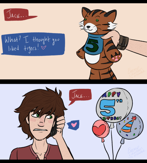 enemyofsanityart: BECAUSE I’M INCAPABLE OF NOT HIJACKING THINGS…including Hiccup’s birthday. For clarification: Jack put those balloons outside their apartment, and he also put that banner up at the college they attend so Hiccup was embarrassed.