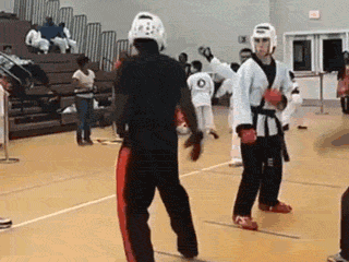 forfightersnotlovers: Vicious spinning hook kick in a taekwondo tournament. A counter to a step-in side kick to boot.
