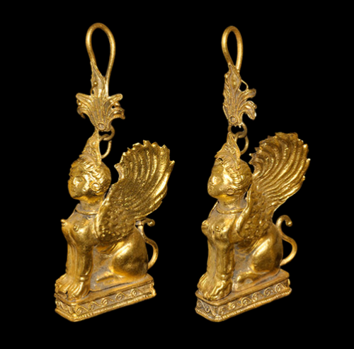 archaicwonder:Greek Gold Sphinx Earrings, 3rd-1st century BC The sphinx was a female monster with th