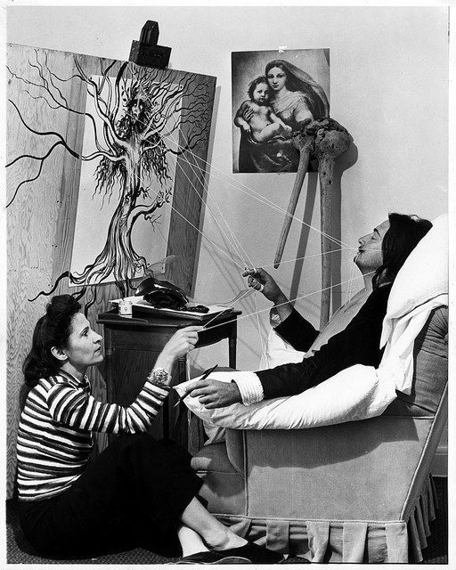 laudanumandabsinthe: 70rgasm: Salvador Dali and Gala, NY, 1947  Pull the string and