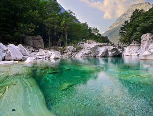 Clear turqoise waters of Verzasca River in Ticino, Switzerland