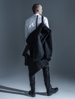 enfinleve:  All outwear pieces from our Fall/Winter 2014 collection will feature hangstrapsHaitzulo waterproof wool coat, Ertzean back tape zipper shirt and Kezkatuta distressed leather pants. Enfinleve.com 