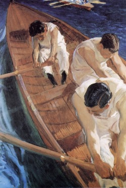 joaquin-sorolla:  In the Racing Shell, 1910, Joaquín Sorolla Medium: oil,canvas 