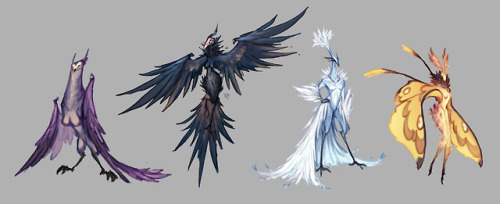 A colourful cast of Harpies for the current #CreatureFeature theme! Owl, Raven, Peacock (drag harpy)