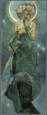 dreamshakerlovemaker:  Moon and Stars, part of the Celestial Dreaming series. Alphonse Mucha, 1902