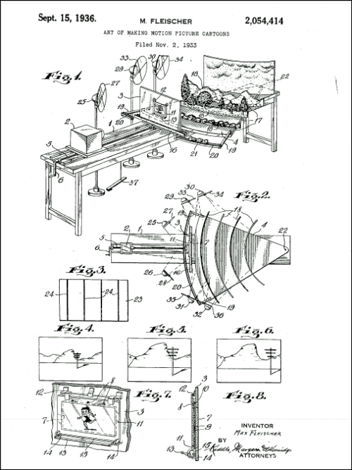 ‪Fleischer Studios patents for rotoscoping (“tracing live action”) and the Stereoptical Process (3D 