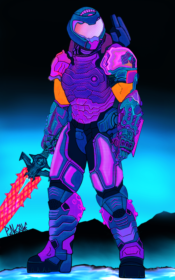 Fanart featuring Doomguy in full body armor colored in bright neon shades of purple, blue, and orange, holding a red spiky sword.
