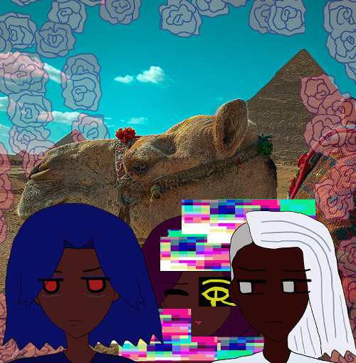the triplets are in front of a beautiful camel with a lot of wrinkles. it has sandy white-brown fur and has one hump with a elaborate red covering on it. behind the camel is a famous sandy human-made pyramid of giza. transparent pink roses fall everywhere behind them.