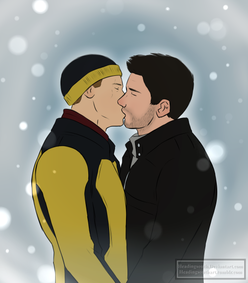 nathandrakeismylover:  headingsouthart:  Nathan and Cole winter kiss something quick.  This is PERFECT! Thanks, Bobby! Happy holidays, everyone.