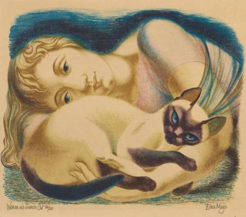 salantami: Eileen Mayo (1906 -1994) was an English artist. Woman and siamese cat, 1952