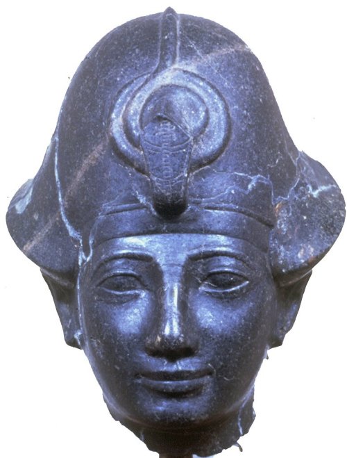 Statue head of the pharaoh Amenhotep II (r. ca. 1427-1401 BCE) wearing the “Blue Crown”.  Now in the