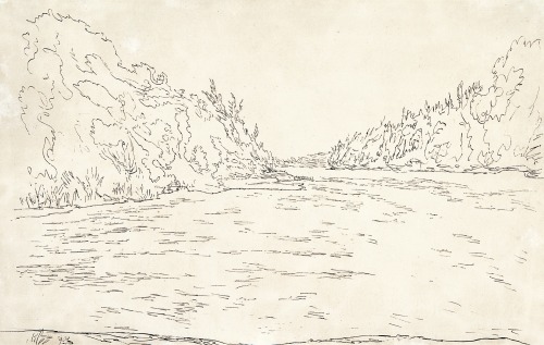 yama-bato:  Paul Klee  BLICK AARE ABWÄRTS BEI DER FÄHRE MURI-BELP (VIEW FROM THE MURI-BELP FERRY DOWN THE AARE) ,                                                              dated 1909, Executed in 1909           