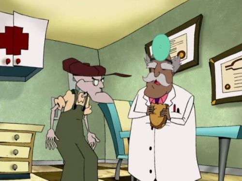 An image of Eustace speaking to a doctor in a dingy doctor's office. The doctor is a wide man with eyebrows so bushy that you can't see his eyes and Eustace is a bald old man with a large chin wearing overalls and a hat. Eustace seems mad about something and the doctor seems unbothered.