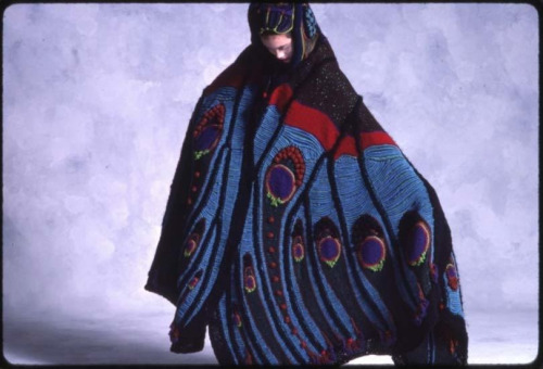 blondebrainpower:“Moth Cape,” by Susanna Lewis, 1979. Photo by Otto Stupakoff. Courtesy of the Philadelphia Museum of Art.“Moth Cape,” by Susanna Lewis, 1979 Loom-knitted, appliqued wool; beads, 69 × 107 inches. Promised gift of The Julie Schafler