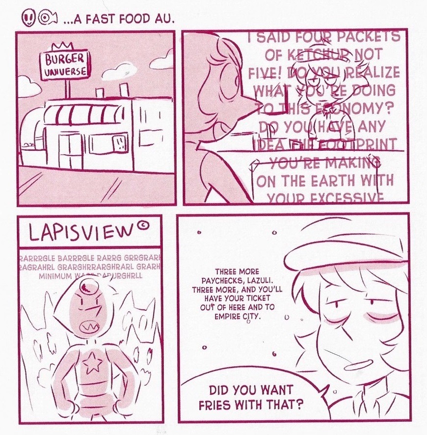 rockonandstuff:  as-warm-as-choco:  A FAST FOOD AU by Lauren Zuke and Mira W. (from