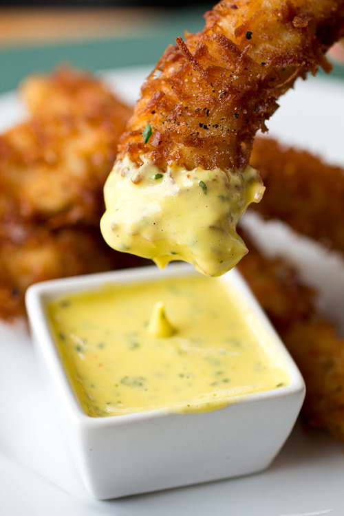 Coconut Crunch Chicken Strips with Creamy Honey-Mango Dipping Sauce … {recipe}