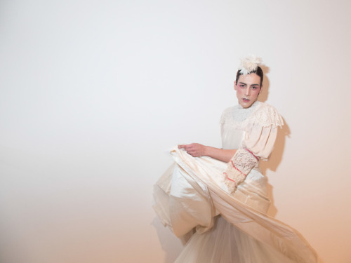 Lady Clarissa.
Photo: Alice Lucchinelli. Model: Lori Migliorucci. Stanley Picker Gallery, London.
Lori wears vintage wedding dress by Caroline Parkesvintage, blouse stylist’s own, original vintage feather headpiece.