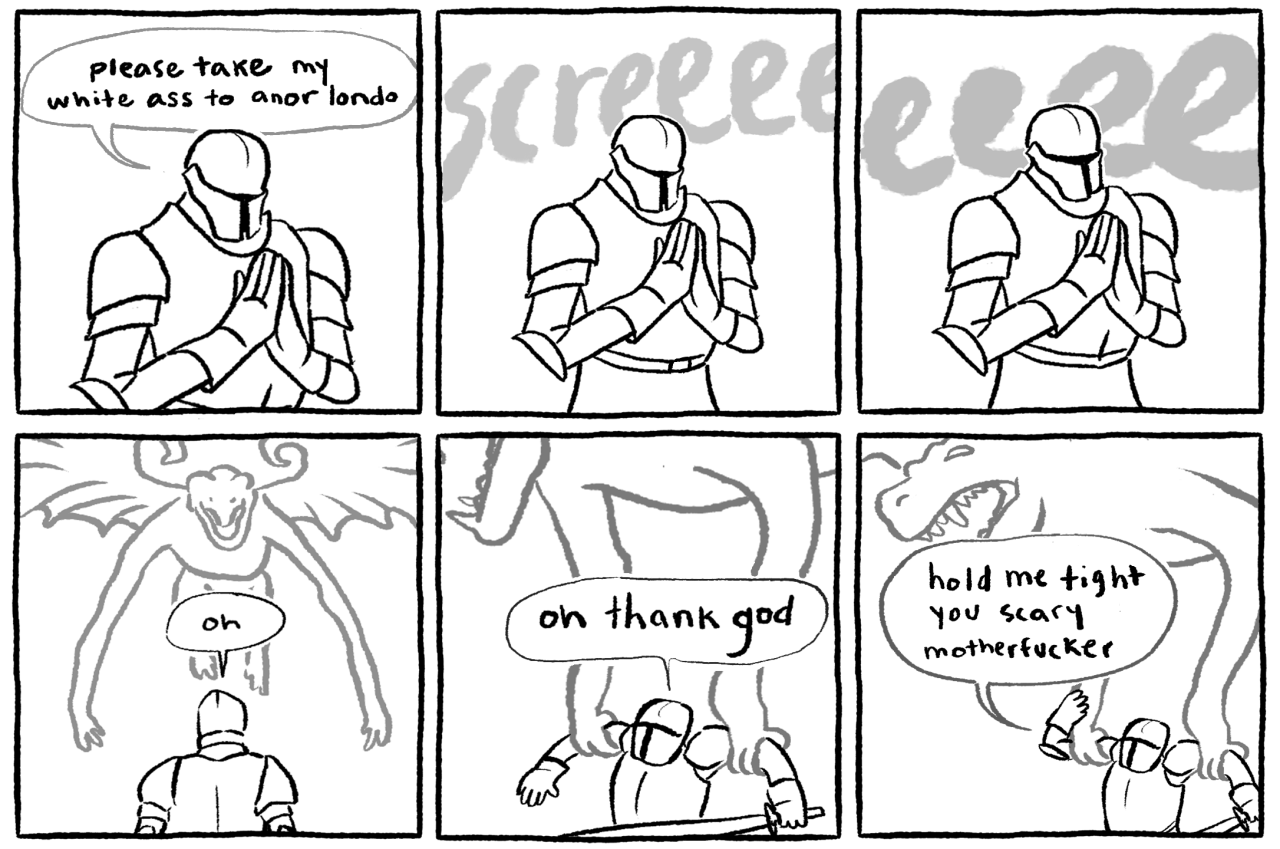 a 6-panel comic of a person in armor being picked up and carried away to Anor Londo by a Belfry gargoyle