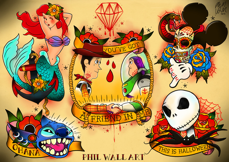 crimpity:
“philwallart:
“A bunch of tattoo flash based on cartoons and animated films that I’ve done to-date. If you like my stuff please ‘follow, like, re-blog’.
www.philwallart.com
www.facebook.com/dreamsandmonsters
”
Fuck. The top spread.”