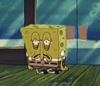 a still from spongebob of an exhausted spongebob on his knees dragging himself into the krusty crab. his eyes are heavily ringed and his mouth is slack. his legs are like noodles.