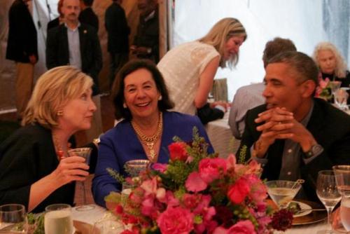 vodkastinger: Hillary Clinton and President Barack Obama are pictured chatting during a birthday par
