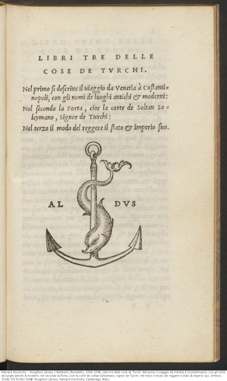 Ramberti, Benedetto, 1503-1546. Libri tre delle cose de Turchi, 1539.*IC5 R1431 539ℓ Houghton Librar