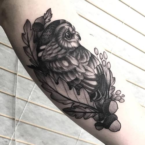 Inner arm owlie for Allyssa. Thanks again! #owltattoo (at Passage Tattoo)