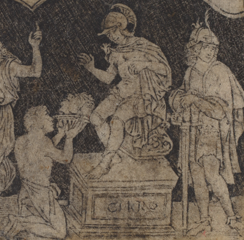 Artaxerxes Receiving the Head of Cyrus (and detail) by Peregrino da CesenaItalian, c. 1490/1510niell