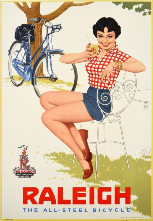 vintagepromotions: Poster advertising Raleigh bicycles (1955). Artwork by Dickens.