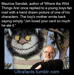 ultrafacts:  This one comes straight from the mouth of the late, great Maurice Sendak, author of Where the Wild Things Are:“Once a little boy sent me a charming card with a little drawing on it. I loved it. I answer all my children’s letters—sometimes