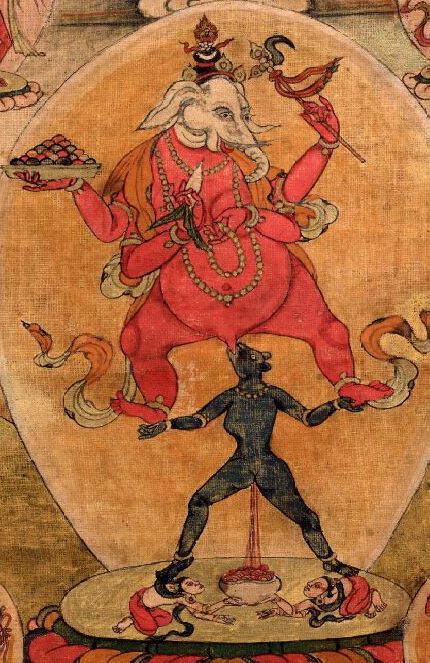 indophilia: Tantric Ganesh Ganapati, Rakta (Tibetan: tsog gi dag po, mar po. English: the Red Lord of Hosts): a powerful wealth deity from the Terma (Revealed Treasure) Tradition of the Nyingma School. Red in colour with a white elephant head and four