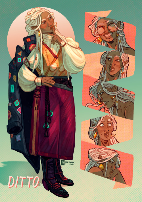 character sheet commission for @chance-of-reaper​ of Ditto the half-elf sorcerer, I love their coat 