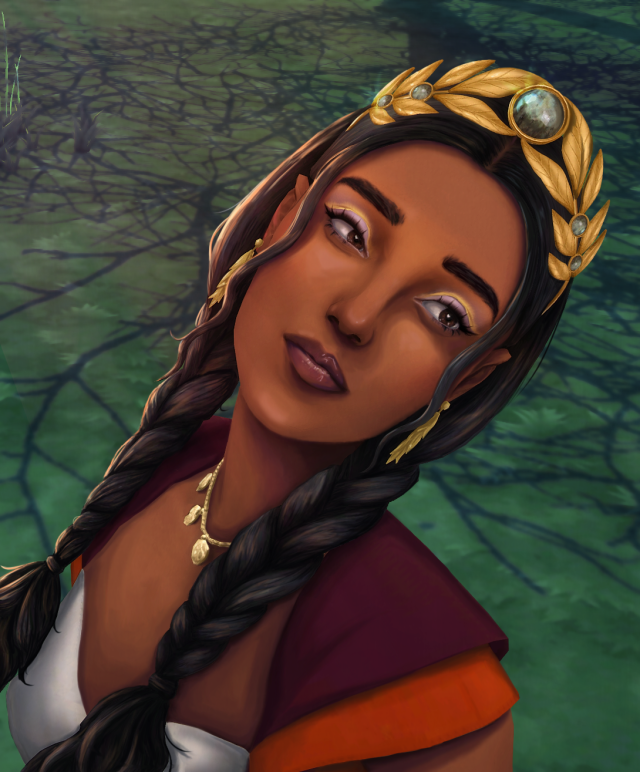 Screenshot from sims 4 that has been painted over and edited digitally. The image is a portrait of a young woman, with warm medium brown skin and black hair braided into two thick braids falling over her shoulders onto her chest. She's tilted at an angle, looking into the distance. A golden laurel wreath is on her head, with a gray gem in the center of it, and she's wearing an orange and maroon dress styled to look similar to ancient Minoan fashion.