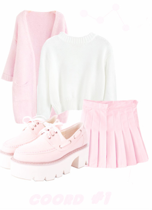 ichigo-lait: ❀ pink cardigan + white sweatshirtpleated skirt + pink platforms ❀