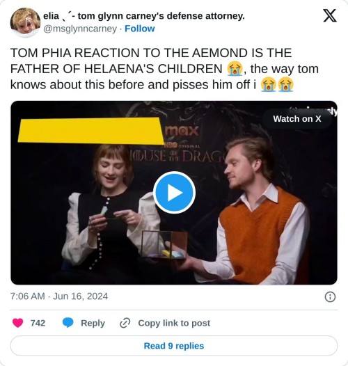 TOM PHIA REACTION TO THE AEMOND IS THE FATHER OF HELAENA'S CHILDREN π, the way tom knows about this before and pisses him off i ππ pic.twitter.com/lv5XYhY4Ga
β elia ΛΛΛ tom glynn carney's defense attorney. (@msglynncarney) June 16, 2024