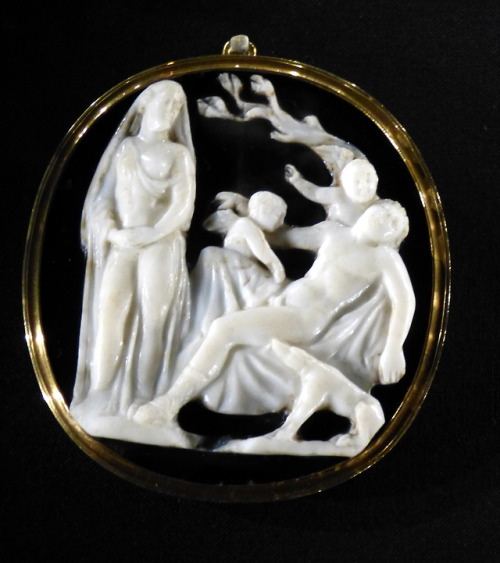 Ancient Roman sardonyx cameo depicting Venus and the dying Adonis.  Artist unknown; 1st century CE. 