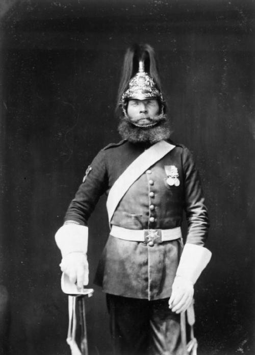 gunsandposes:1850s photo of Rough Rider Michael MacNamara, 5th Dragoon Guards, one of the soldiers p