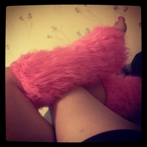 Even though I’m stuck in bed furry hot pink legs warmers make me smile