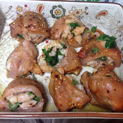 Early morning baking sess. Organic chicken breasts stuffed with spinach and garlic shrimp. No filter