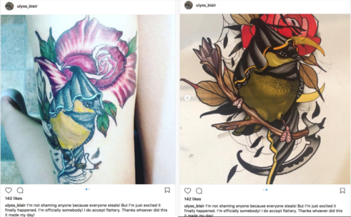 artist’s original work (right) got stolen by a scratcher (left). at least he’s trying to have a good