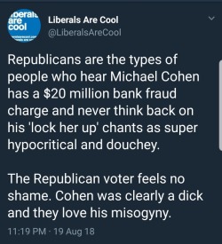 liberalsarecool:  To conservatives, the things Hillary has NOT been charged are much worse than the bigger crimes Republicans HAVE been charged. Their equivalencies are moronic.  When Cohen gets jailed for ฤ million in bank fraud, rather than think