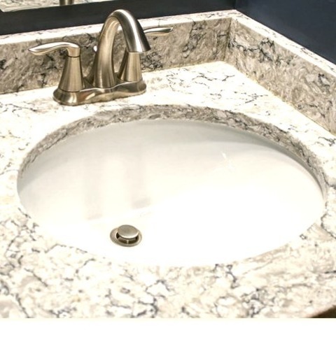 Powder Room - BathroomSmall Transitional Vinyl Floor Powder Room Idea With Raised-panel Cabinets, A Two-piece