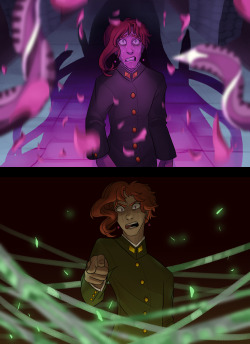 serpentenial:  First time seeing Dio v.s. Last time seeing Dio I love Kakyoin I love the resolve he goes through. And of course he’s still scared but he powers through and he faces his underminer for the sake of doing what’s right. He developed so