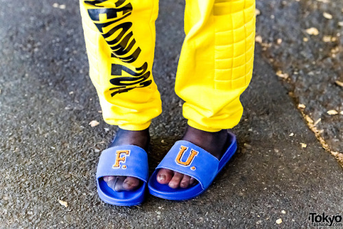 Shoushi on the street in Harajuku wearing a yellow WIA setup with a Diminish choker, Current Mood ha