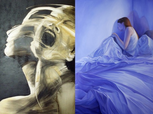 a drawing of a woman screaming, she has two blurry heads. a painting of a woman looking melancholic at the wall, she is in bed. the painting is blue.