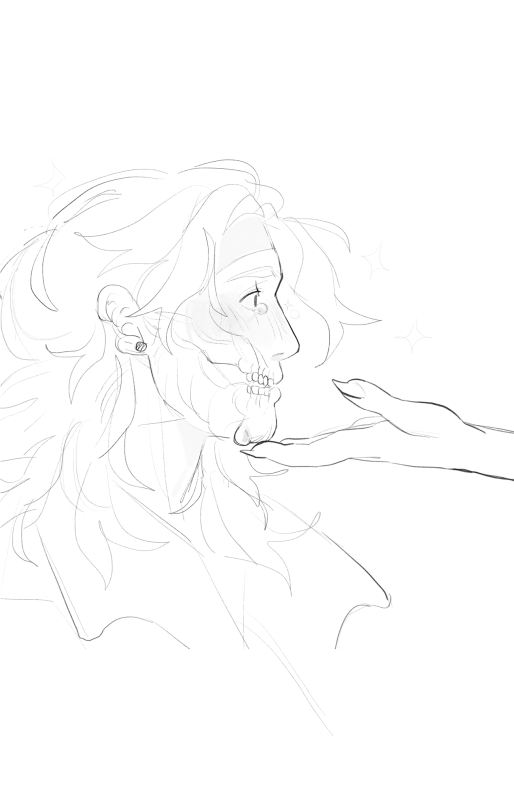 White canvas , with black lineart . Its a side profile of Chip , gillion’s hand reaching and gently holding his chip up with his fingers . Chip is looking straight ahead with his mouth slightly open and crying . There are small sparkles around his eyes and side profile .